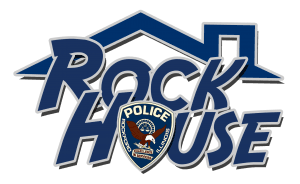 Rockford Police Shield with outline of a roof, and text: ROCK House (PDF)